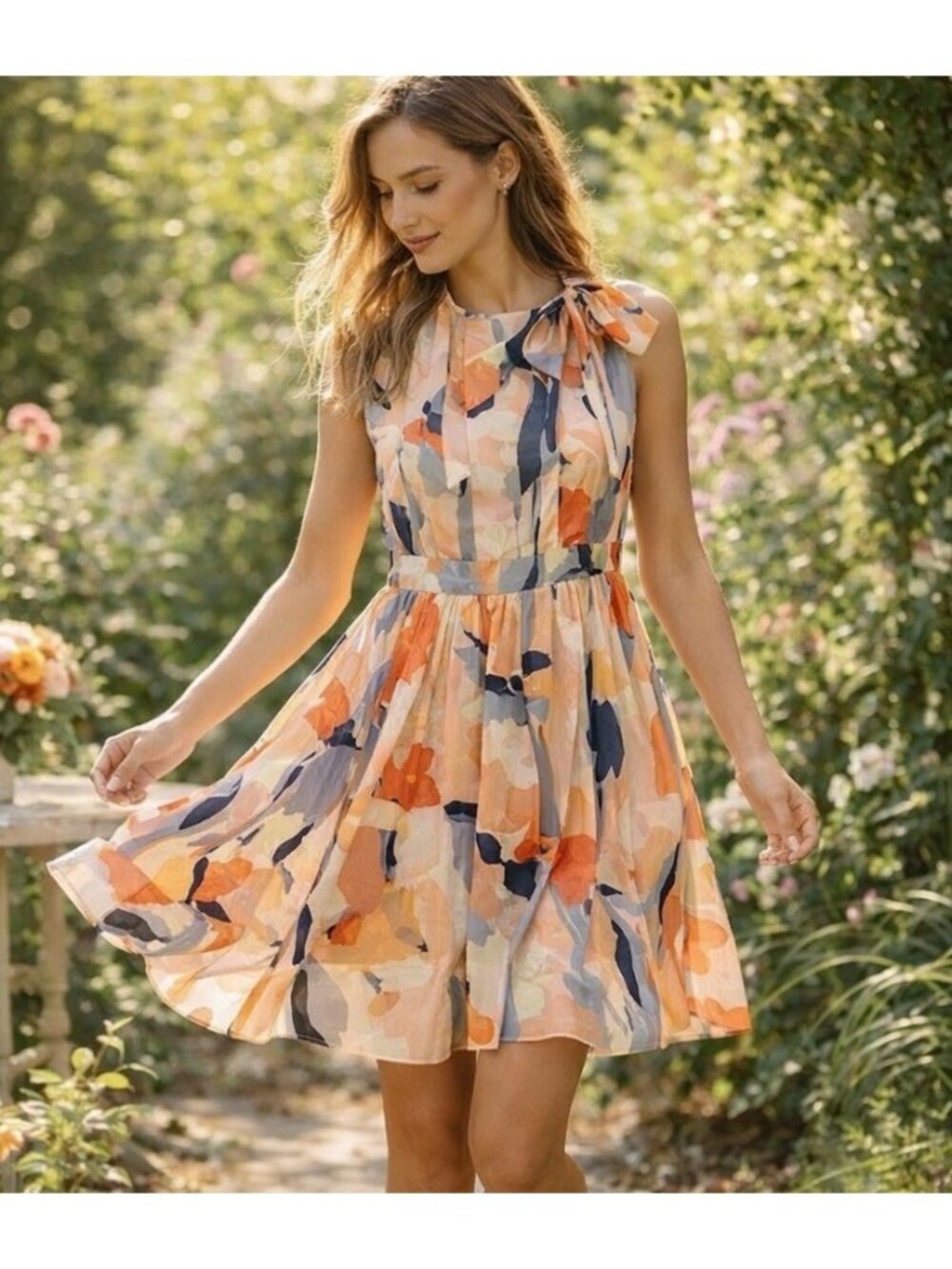 Uncle Frank Boho Floral Mini Dress SZ Small Tie Neck Flowy Cottagecore Romantic